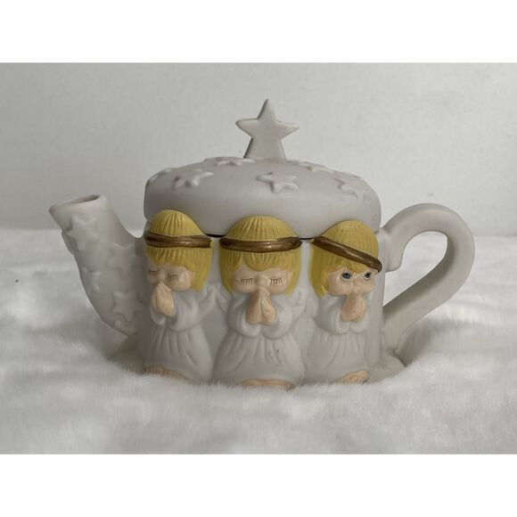 Vintage Hallmark 3 Praying Angels Stars Ceramic Tea Pot Decorative Pre-Owned - Picture 1 of 4